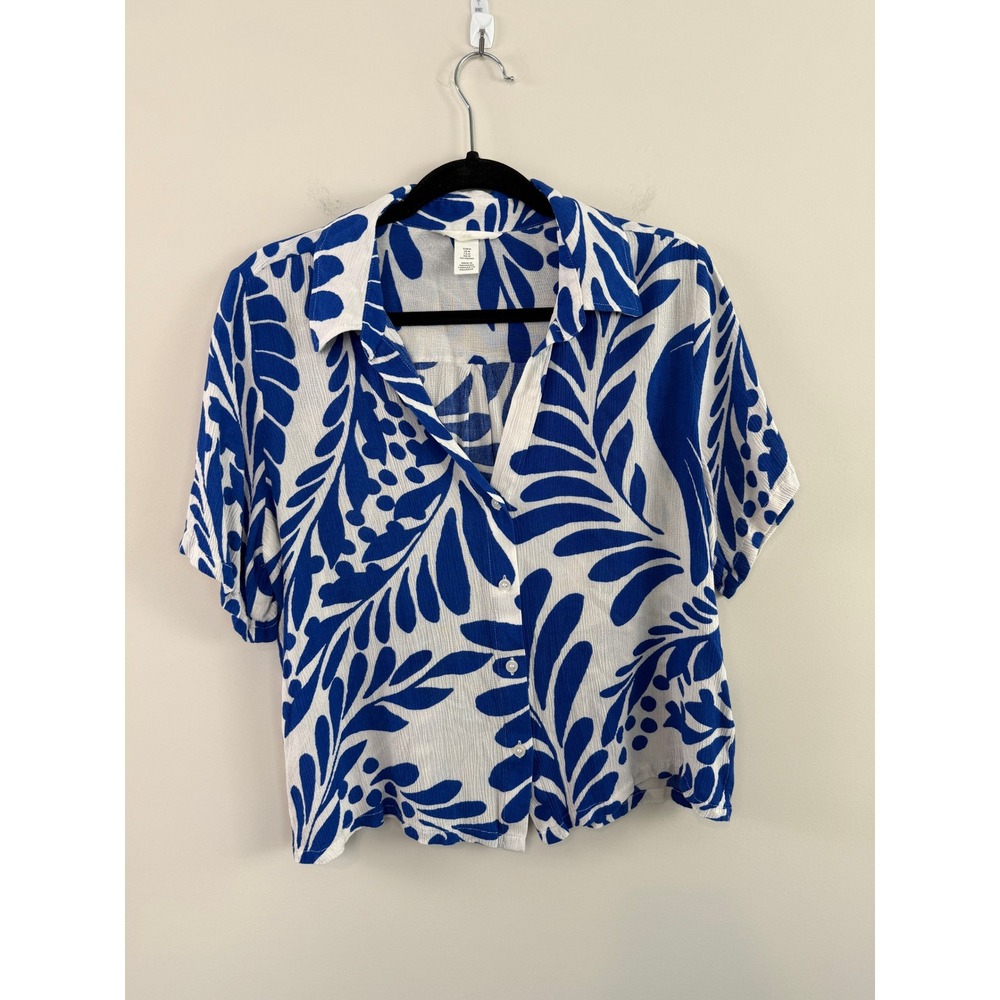 H&M Blouse Blue M Short Sleeve Tropical Leaf Print Button Down Cropped Boho